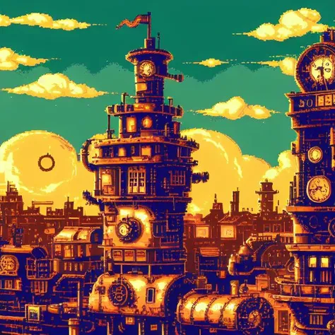 steampunk city with big clock on tower, nqartst style