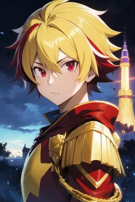 masterpiece, best quality, illustration, 1boy, solo, male focus, looking at viewer, upper body, , <lora:takuto_tsunashi:0.66>, takuto_tsunashi, red hair, red eyes, blonde hair, multicolored hair, two-tone hair, superhero costume, The Tower of Oblivion: A stronghold where forgotten secrets and dark magic are hidden, Blu-ray