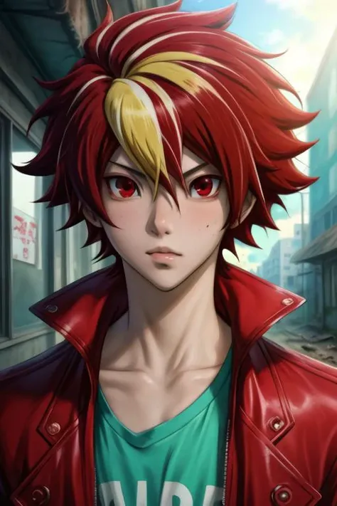 masterpiece, best quality, illustration, 1boy, solo, male focus, looking at viewer, , depth of field, <lora:takuto_tsunashi:0.70>, takuto_tsunashi, red hair, red eyes, blonde hair, multicolored hair, two-tone hair, , post-apocalyptic, HD