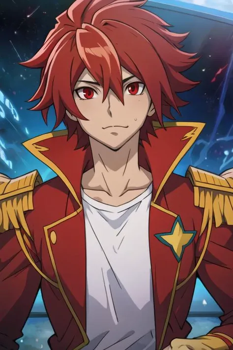masterpiece, best quality, game cg, 1boy, solo, male focus, looking at viewer, upper body, , <lora:takuto_tsunashi:0.70>, takuto_tsunashi, red hair, red eyes, , , science fiction superhero, High definition