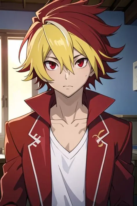 masterpiece, best quality, game cg, 1boy, solo, male focus, looking at viewer, upper body, , <lora:takuto_tsunashi:0.74>, takuto_tsunashi, red hair, red eyes, blonde hair, multicolored hair, two-tone hair, , ,