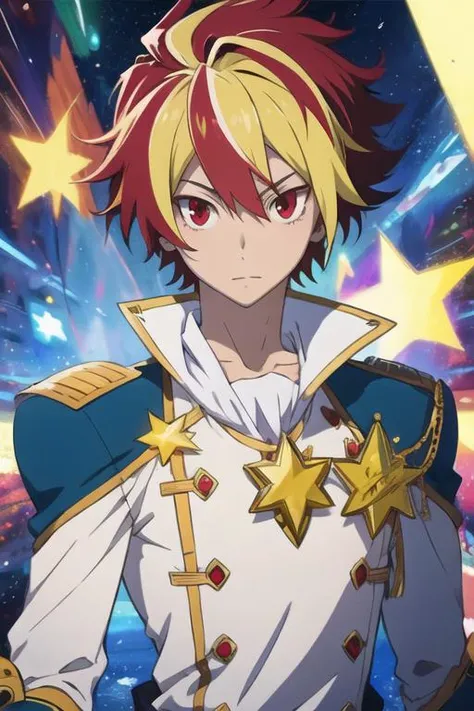 masterpiece, best quality, illustration, 1boy, solo, male focus, looking at viewer, upper body, , <lora:takuto_tsunashi:0.64>, takuto_tsunashi, red hair, red eyes, blonde hair, multicolored hair, two-tone hair, knight costume, , HD