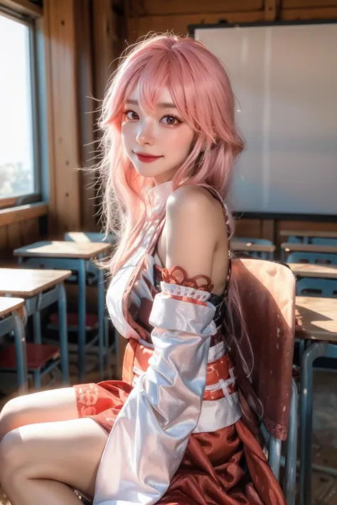 yae_miko, 1girl, bare_shoulders, breasts, detached_sleeves, jewelry, lips, long_hair, long_sleeves, looking_at_viewer, pink_hair, sash, sitting, solo, wide_sleeves,
<lora:Yae_Miko:1>,
Charming eyes, (smile:1.1),
Sitting on the chair, sunlight, Autumn,
masterpiece, best quality,
RAW photo, 8k, 4k, (intricate details:1.0), (ultra detailed:1.0), (depth of field:1.0), (blurry background:1.0), (classroom:1.1), (spotlight effect:1.0), (light from the front:1.0), (fair skin:1.0), (super detailed skin:1.0), (clear translucent skin:1.0), (perfect body:1.0), (skinny,:1.0), (curvy body:1.0), (face:1.0), (sensual:1.0),
<lora:JapaneseDollLikeness_v1.5:0.3>