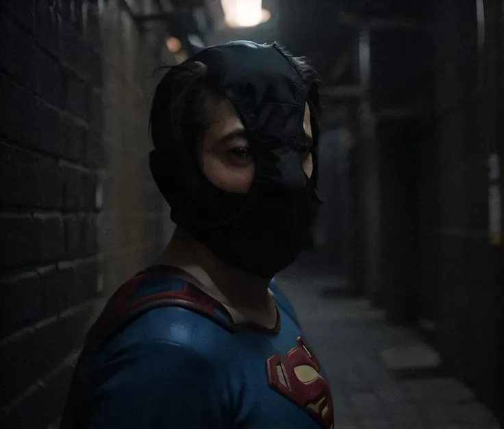 extreme closeup iphone photograph of kaopan, superman in dark alley at night, hard focus, depth of field, <lora:kaopan_v2:1.0>
