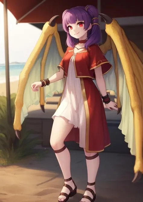 (masterpiece, best quality:1.2), extremely detailed, soft ambient lighting, sharp focus, 4K, BREAK <lora:Myrrh_fe:0.7>, 1girl, solo, myrrh_fe, multi-tied hair, red eyes, white dress, sandals, wristband, dragon wings, BREAK outdoors, beach, standing, looking at viewer, smiling,