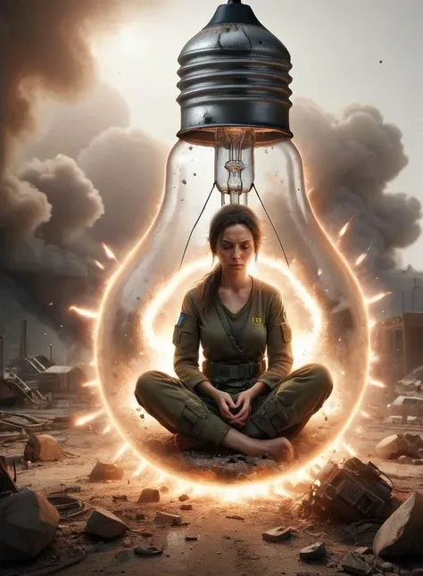 ais-bulbz, a woman at peace inside the bulb, warzone explosions outside the bulb <lora:Inside_A_Bulb_SDXL:0.6>
