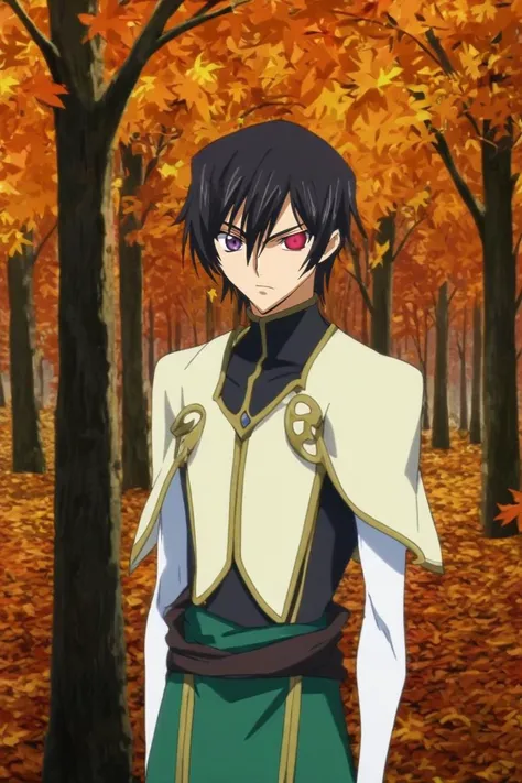 score_9, score_8_up, score_7_up, source_anime, rating_safe, , anime screencap, , official style, , , 1boy, solo, male focus, <lora:lelouch_lamperouge_pony:0.8>, lelouch_lamperouge, black hair, purple eyes, hair between eyes, bangs, heterochromia, red eyes, , cowboy shot, trees, autumn, leaves, indoors, light, arms at sides, distracted, aloof, oblivious, leprechaun costume, <lora:sdxl_lightning_8step_lora:1>