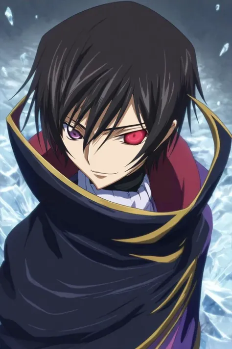 score_9, score_8_up, score_7_up, source_anime, rating_safe, , semi-realistic, , depth of field, 1boy, solo, male focus, <lora:lelouch_lamperouge_pony:0.94>, lelouch_lamperouge, black hair, purple eyes, hair between eyes, bangs, heterochromia, red eyes, cape, from above, cold, ice, noon, looking back, naughty smile, , <lora:sdxl_lightning_8step_lora:1>