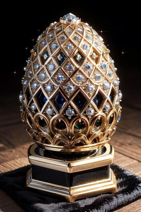 ((amazing faberge egg-shaped diamond , glittering facets, intricate details, silver filigree, magnificent art object, sitting on black velvet, cinematic lighting)) ((ultra-HD-Details))