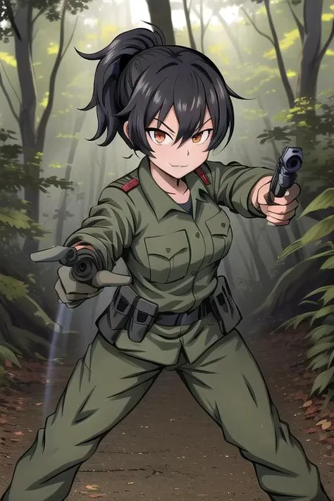 masterpiece, best quality,ultra detail, <lora:anmnr01:0.3>  <lora:add_detail:0.5>,<lora:GoodHands-vanilla:0.8>1girl,black ponytail, <lora:XinomVN:0.7>XinomVN,Military uniform,evil smile,fullbody,fighting stance,deep forest,sunlight filtering through the foliage,knife,gun,aiming viewer,equiping grenade