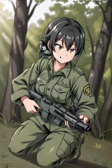 masterpiece, best quality,ultra detail, <lora:anmnr01:0.3>  <lora:add_detail:0.5>,<lora:GoodHands-vanilla:0.8>1girl,black ponytail, <lora:XinomVN:0.7>XinomVN,Military uniform,evil smile,fullbody,deep forest,sunlight filtering through the foliage,holding military rifle,helmet,rank insignia