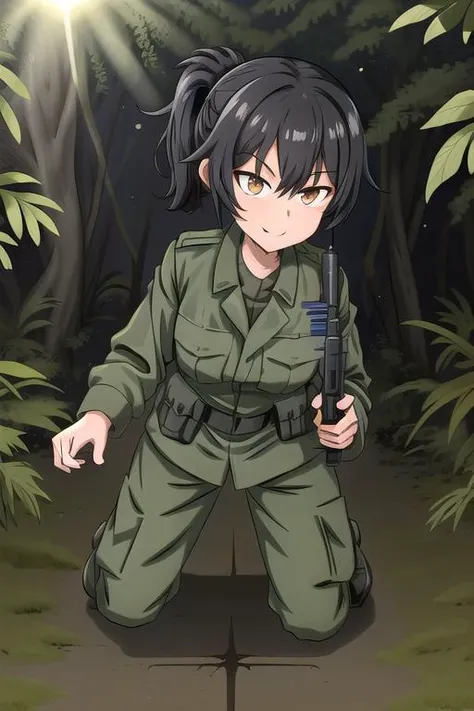 masterpiece, best quality,ultra detail, <lora:anmnr01:0.3>  <lora:add_detail:0.5>,<lora:GoodHands-vanilla:0.8>1girl,black ponytail, <lora:XinomVN:0.7>XinomVN,Military uniform,evil smile,fullbody,deep forest,sunlight filtering through the foliage,holding military rifle,helmet,rank insignia