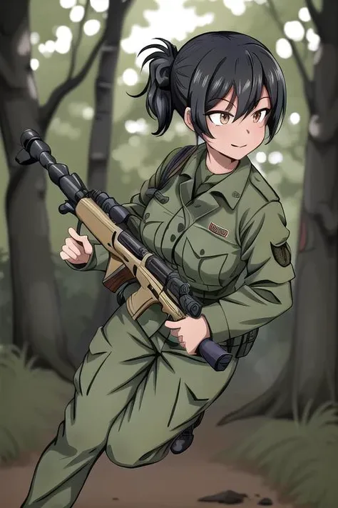 masterpiece, best quality,ultra detail, <lora:anmnr01:0.3> <lora:add_detail:0.5>,<lora:GoodHands-vanilla:0.8>1girl,black ponytail, <lora:XinomVN:0.7>XinomVN,Military uniform,evil smile,fullbody,deep forest,sunlight filtering through the foliage,holding military rifle,military equipment,rank insignia