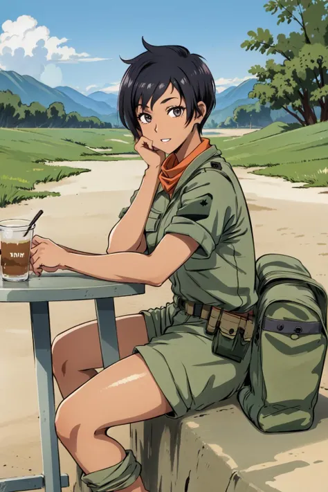 1girl,xiomvn,wearing military uniform,pants,(scarf),in fortress,outdoors,sandbags,sitting,on metal table,full body,happy,tomboy,, <lora:XinomVN:0.8>, <lora:LORA-XenoDetailer-v2:0.1>, <lora:skin_tone_slider_v1:1.6>