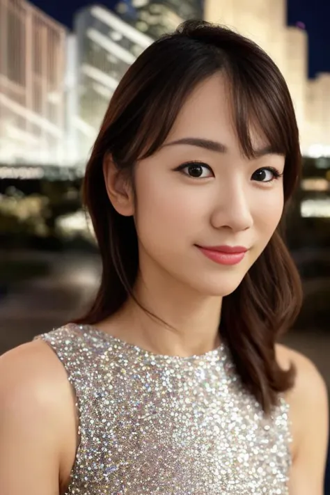 1girl,(wearing a glittery evening dress),(RAW photo, best quality), (realistic, photo-realistic:1.4), masterpiece, an extremely delicate and beautiful, extremely detailed, 2k wallpaper, Amazing, finely detail, extremely detailed CG unity 8k wallpaper, ultra-detailed, highres, soft light, beautiful detailed girl, extremely detailed eyes and face, beautiful detailed nose, beautiful detailed eyes,cinematic lighting,city lights at night,perfect anatomy,slender body,smiling <lora:doumariko_lora:1>
