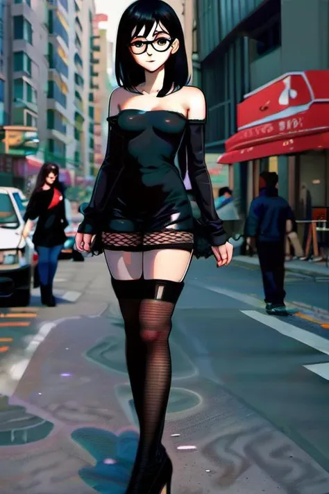 masterpiece, perfect face, perfect hands, high quality, perfect legs, 1girl, ((full body, high heel boots, flat chest, small breasts, young girl,)) city street, standing, city street, Sarada, glasses, black hair,  heart pasties, ((fishnet dress,)) <lora:fishnetdressv01:0.75> <lora:pasties_4in1_99756:0.6><lora:Sarada:0.7>