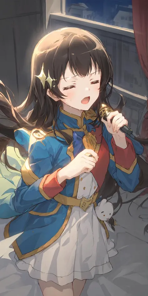 (masterpiece:1.3), intricate details, (best quality:1.1), 1girl, cinematic, liiustration, (fisheye lens:1.1), spotlight, (spotlighting:1.1), eyes closed, singing, (sweat:1.1), (karaoke, microphone:1.2), yellow lens flare, (theater, stage:1.1), (red curtain:1.2), (nighttime:1.2), dark background, high contrast, 1girl, long_hair, blue_eyes, sparkling_eyes, revue starlight, claude monet <lora:KaguraHikariShJoKagekiRevueStarlight_v10:1>