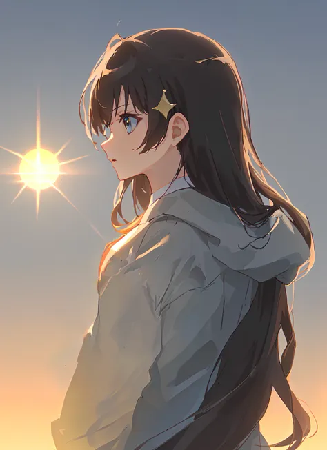 1girl, backlighting, from_side, star hair accessories,gradient, gradient_background, jacket, letterboxed, profile, solo, sun, sunlight, sunset, upper_body, yellow_background, yellow_theme