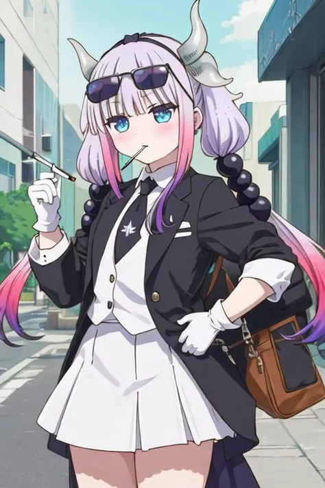 best quality, masterpiece, highres, solo, (utaha_bluearchive:1.10), (black business suit:1.40), (tie:1.20), (sunglasses:1.25), (white gloves:1.15), (white shirt:1.10), (black skirt:1.15), (smoking:1.20), handsome, 20 <lora:utaha_bluearchive:0.80>