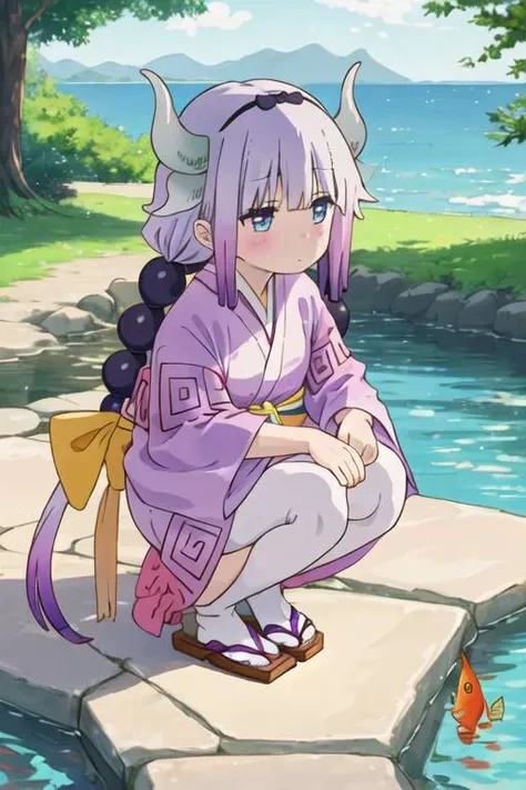best quality, masterpiece, highres, solo, {kanna_kamui_kobayashisanchinomaidragon:1.15}, long_hair, light_purple_hair, blue_eyes, hair_ornament, bangs, blush, multicolored_hair, twintails, blunt_bangs, hair_beads, beads, hairband, gradient_hair, low_twintails, horns, dragon_horns, purple_hair, 2girls, japanese_clothes, kimono, multiple_girls, obi, summer_festival, yellow_kimono, yukata, fish, sash, solo_focus, brown_hair, goldfish, out_of_frame, squatting