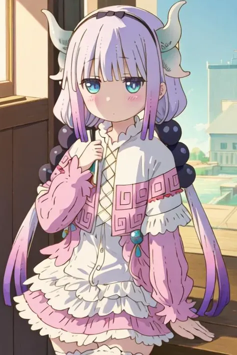 best quality, masterpiece, highres, solo, {kanna_kamui_kobayashisanchinomaidragon:1.15}, long_hair, light_purple_hair, blue_eyes, hair_ornament, bangs, blush, multicolored_hair, twintails, blunt_bangs, hair_beads, beads, hairband, gradient_hair, low_twintails, horns, dragon_horns, purple_hair, 1girl, anime_coloring, bow, animal_ears, rabbit_ears