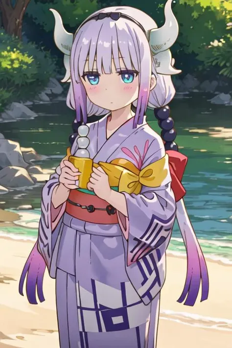 best quality, masterpiece, highres, solo, {yukata:1.40}, {kimono:1.20}, {kanna_kamui_kobayashisanchinomaidragon:1.15}, long_hair, light_purple_hair, blue_eyes, hair_ornament, bangs, blush, multicolored_hair, twintails, blunt_bangs, hair_beads, beads, hairband, gradient_hair, low_twintails, horns, dragon_horns, purple_hair