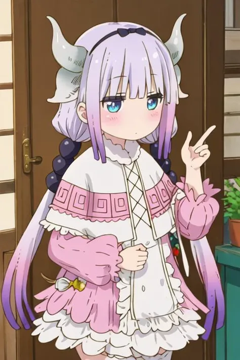 best quality, masterpiece, highres, solo, {kanna_kamui_kobayashisanchinomaidragon:1.15}, long_hair, light_purple_hair, blue_eyes, hair_ornament, bangs, blush, multicolored_hair, twintails, blunt_bangs, hair_beads, beads, hairband, gradient_hair, low_twintails, horns, dragon_horns, purple_hair, 1girl, dragon_girl, meme, parody