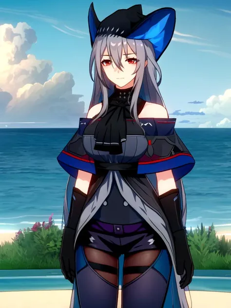 ,
(skadi \(arknights\)), 1girl, black capelet, black gloves, black headwear, black pants, breasts, capelet, clothing cutout, cowboy shot, drop shadow, gloves, grey hair, grey shirt, hair between eyes, head tilt, leggings, long hair, looking at viewer, medium breasts, pants, red eyes, shirt, solo, standing, thigh cutout, thighs, very long hair,
(lofu, scenery, outdoors, sky, cloud, beach, no humans, ocean, sand, water, day, 1girl, tree, horizon, blue sky)
(( cowboy shot)), (masterpiece), (highest quality),
