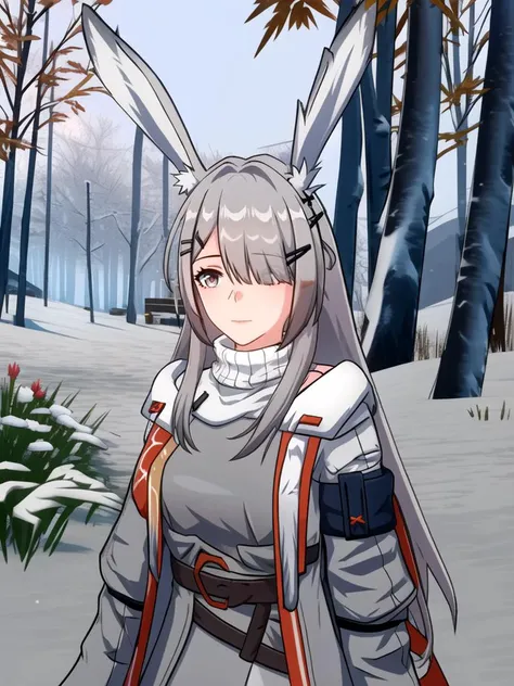 ,
1girl, animal ears, closed mouth, dress, grey dress, grey hair, hair ornament, hair over one eye, hairclip, long hair, long sleeves, looking at viewer, rabbit ears, simple background, solo, turtleneck dress, upper body, white background, frostnova arknights, highres, ((belobog, outdoors, snow))