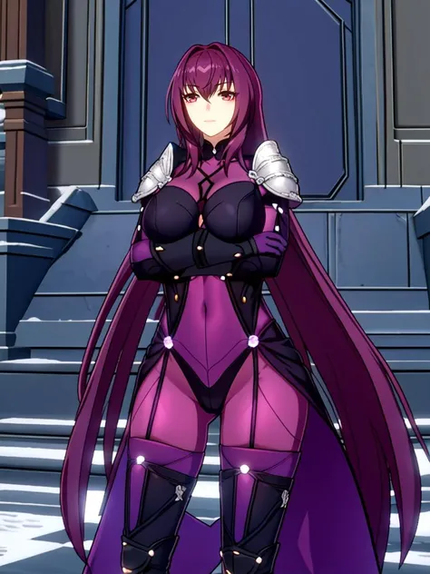 ,
,
1girl, black gloves, bodysuit, breasts, closed mouth, crossed arms, hair between eyes, long hair, looking at viewer, large breasts, pauldrons, purple bodysuit, purple hair, red eyes, shoulder armor, solo, very long hair, (scathach \(fate\)),
(((masterpiece))), (highest quality),