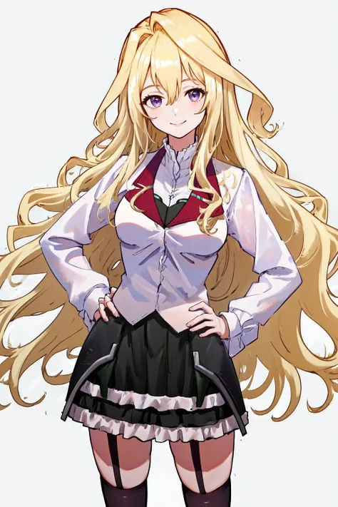 masterpiece, best quality, highres, 1girl, white shirt school uniform skirt black thighhighs garter straps long sleeves frills <lora:claudia_enfield:1> hand on hip, simple background, smile