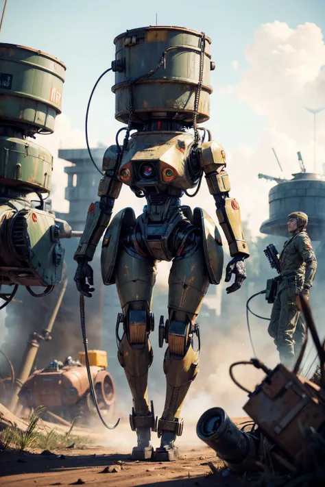 1940s, battlerobot, non-humanoid robot in four legs with caterpillar tracks, rivetted armored plating, mounted machine-gun, radar antenna, mortar tubes, main turret cannon, diesel engine, camouflaged, (in a WW2 trench battlefield with barb wire), cinematic lighting, masterpiece, high quality, intricate details, highly detailed background, 8k, (vivid colors, wide angle, cinematic establishing shot, volumetric lighting, subsurface scattering, special effects, color grading, layered depth, parallax effect, soft focus foreground)
<lora:battlerobot:1>
<lora:add_detail:0.8>