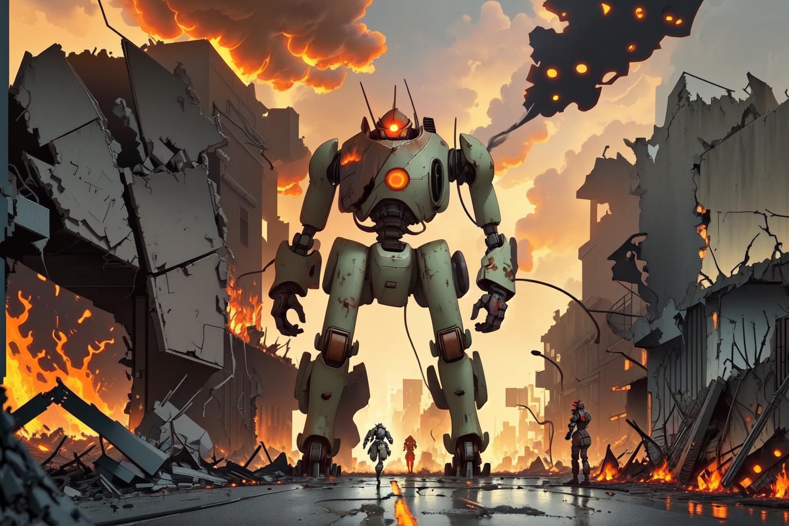 A close up of a robot standing in a city with a fire in the background ...