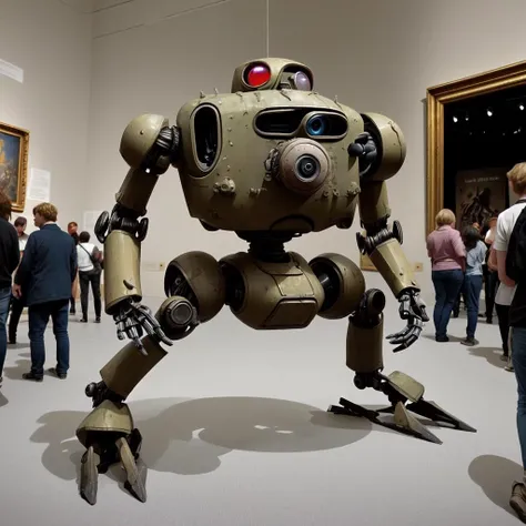 <lora:battlerobot:1> a battlerobot inside a museum surrounded by a crowd of people