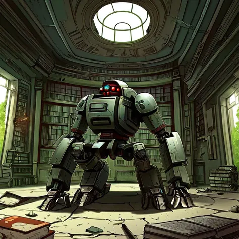 <lora:battlerobot:1> battlerobot, inside the ruins of a library