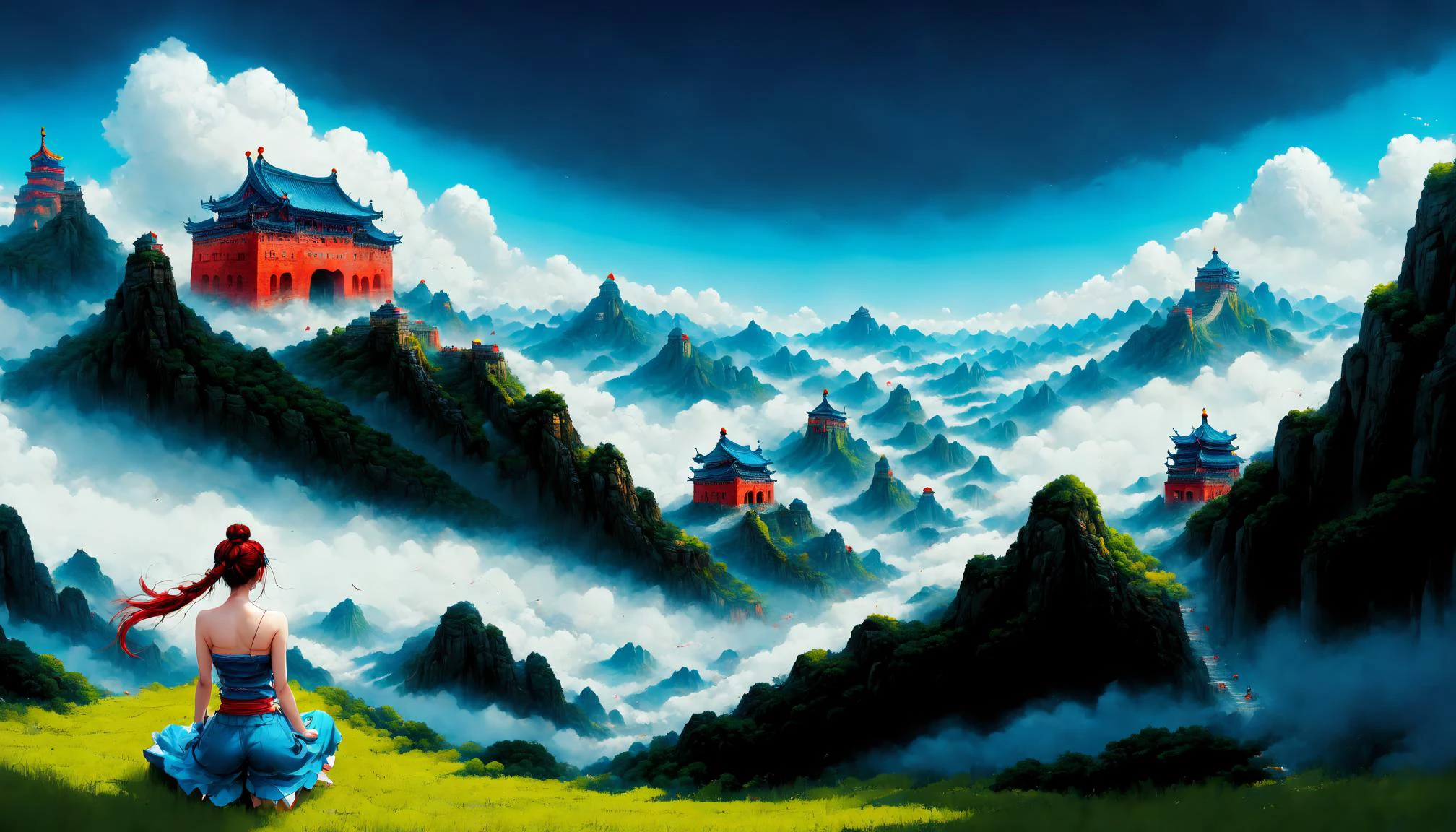 1girl, solo, from below, great wall of china, dusk, legs together, aqua hair, medium hair, braided bun, indigo eyes, muscular female, strapless, denim shorts, large breasts, angry, a surprise picnic in a beautiful meadow, <lora:zwd_v2_SDXL:0.8>, zwd, very thin waist, <lora:bombshell_v1:0.4>,big boobs,slim body,, (8k, masterpiece, best quality, ultra-detailed), (an extremely delicate and beautiful)kawaii, cute, very big eyes, Aesthetic Anime Eyes, small face, large breasts, cinematic lighting, , Intricate, High Detail, Sharp focus, dramatic, masterpiece, best quality, ultra-detailed,