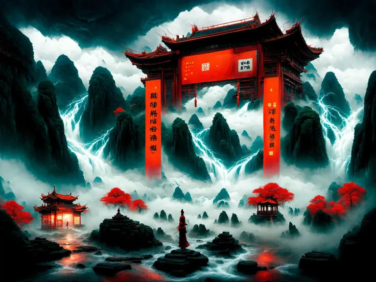 artbook,huge filesize,absurdres,(1girl:1.4),surrounded by energy,lightning streaks all over the body,1lady standing,(full body:1.1),(looking at viewer:1.5),detailed face,detailed eyes,dramatic lighting,(chinese-style architecture:1.2),translucent soul,luminous,atmospheric reentry,with vast sky,continuous mountains and steep cliffs,atmospheric atmosphere,depth of field,mist rising,stone pavilions,waterfalls,shuimobysim,<lora:zwd_v2_SDXL:0.8>,zwd,Tyndall effect,