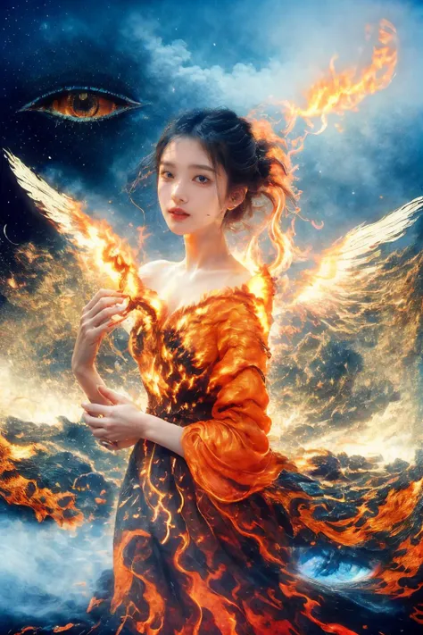 (Glowing ambiance, enchanting radiance, luminous lighting, ethereal atmosphere, mesmerizing glow, evocative hues, captivating coloration, dramatic lighting, enchanting aura), ink painting,(masterpiece, top quality, best quality, official art, beautiful and aesthetic:1.2), (1girl:1.4), extreme detailed,(joshua middleton comic cover art:1.1), (Action painting:1.2),(concretism:1.2), (hypermaximalistic:1.5),colorful,highest detailed,
(fire, orange dress:1.4), cowboy shot, <lora:add_detail:0.6>
(flaming eye:1.8),
fire landscape
(fire around her:1.5)
Soft light filtering through the clouds and fog
<lora:æ³å
:0.5>
zwd, zuowangdao,
<lora:zwd_v2:0.4> <lora:ç±è½çº±:0.7>
<lora:better-bg-001:0.5><lora:sunAndShadow_v10:0.5>cloud,colorful,starry,stars
