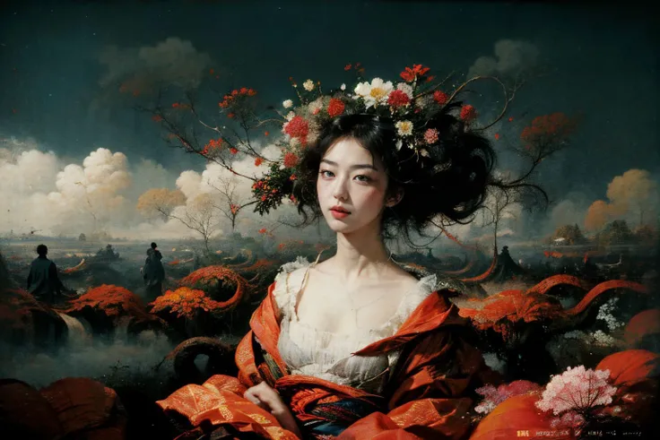 best quality, masterpiece, photo realistic, highly detailed, tormented pain spiraling into an endless abyss, masterpiece, best quality, a girl in a field of decaying flowers, battlefield, dynamic angle, cowboyshot, the most beautiful form of chaos, elegant, a brutalist designed, vivid colours, romanticism, by james jean, roby dwi antono, ross tran, francis bacon, michal mraz, adrian ghenie, petra cortright, gerhard richter, takato yamamoto, ashley wood, atmospheric, ecstasy of insects and decayed branches, photo of a girl with insects and flowers on hair and neck, snakes and worms, <lora:difConsistency_photo:0.4>,  orange, green, zwd, zuowangdao <lora:zwd_v2:0.7>,  <lora:style 1:0.7>