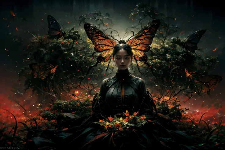 1girl,masterpiece,official art,unity 8k wallpaper,ultra detailed,beautiful and aesthetic,best quality,intricate details,(dynamic angle:1.4),glowing skin,portrait of the most beautiful form of chaos,elegant,a brutalist designed,vivid colours,romanticism,atmospheric,depth of field,photo of a girl wearing intricate butterflies and flowers as dress,arms up,((decay and spooky)),firefly glow,dark and moody,plants and branches,atmospheric,trending on artstation. 8 k masterpiece,((symmetry)),(a lot of colorful butterflies and yellow fireflies:1.3),(yelowish glow),(horror art by apterus:1.2), monster <lora:monster:0.6>, <lora:difConsistency_detail:0.4>, zwd, zuowangdao <lora:zwd_v2:0.7>,