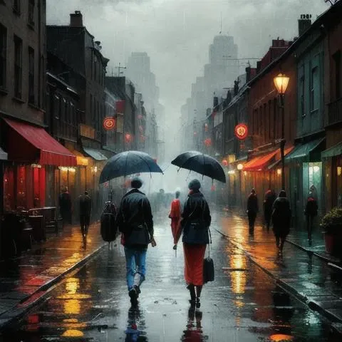 (((Best Quality))), ((Oil Painting)), (Rococopunk), Masterpiece, Highly detailed, (a couple holding an umbrella:1.2), walking on top of a wet street, light reflections, city with light poles and rim light illuminating, buildings in background, pure colors, Color Banding, Posterization, Airbrush, Imagined, Illustration, Resin, Intricate Lines, Tie-Dye, process art, Papier-Colle, pencil sketch, outlined art, Installation Art,   <lora:zwd_v2:0.5>