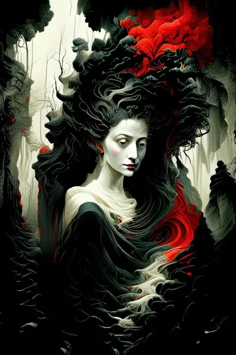 woman in a mythical forest, masterpiece, perfect face, intricate details, horror theme <lora:zwd_v2_SDXL:1> zwd