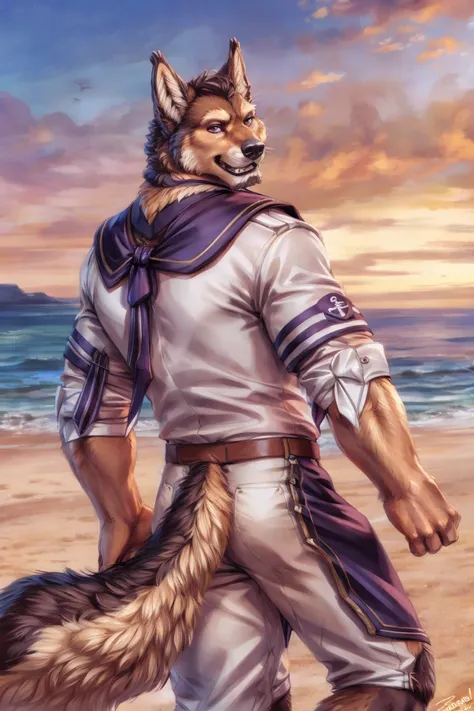 (by zephyxus, by thebigslick, by personalami, by snowskau), pubraseer, fur, canine, multicolored body, fluffy, male, clothed, sailor uniform, topwear, bottomwear, uniform, manly, markings, tail, beach, seaside, 5 fingers, purple eyes, (fluffy tail), rear view, purple neckwear, topwear,