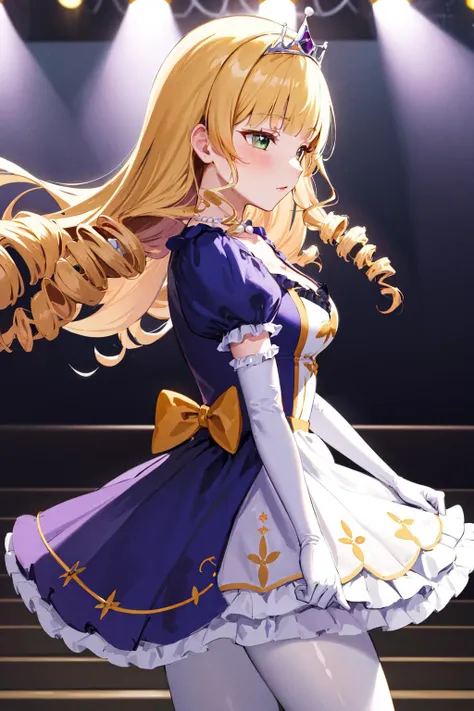sumire2, tiara, drill hair, long hair, solo, elbow gloves, white pantyhose, purple dress, cleavage, purple gloves, pearl necklace, blunt bangs, puffy short sleeves, bow, medium breasts, portrait upper body