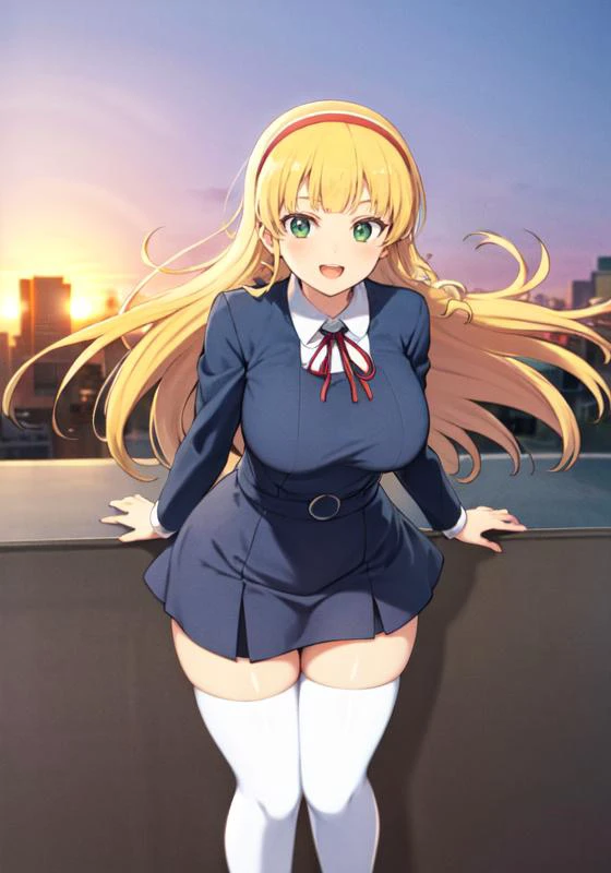 masterpiece, best quality, highres, sumire1,1girl, hairband, long hair, 1girl, solo, white thighhighs, school uniform, red ribbon, neck ribbon, grey dress, blue jacket, open jacket, blunt bangs, pinafore dress, white shirt, long sleeves, collared shirt, large breasts, wide hips, <lora:heanna_sumire_v1:0.8>, standing, smile, open mouth, leaning forward, outdoors,on the roof of a building with an urban landscape of the city of Santiago de Chile,(sunset), <lora:senran_kagura-10:1>