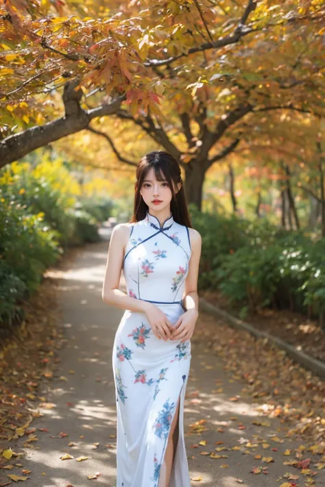 1girl,very long hair,rim light,absurdres,(autumn maple forest:1.3),very few fallen leaves,(path),botanical garden,portrait,white printed cheongsam,