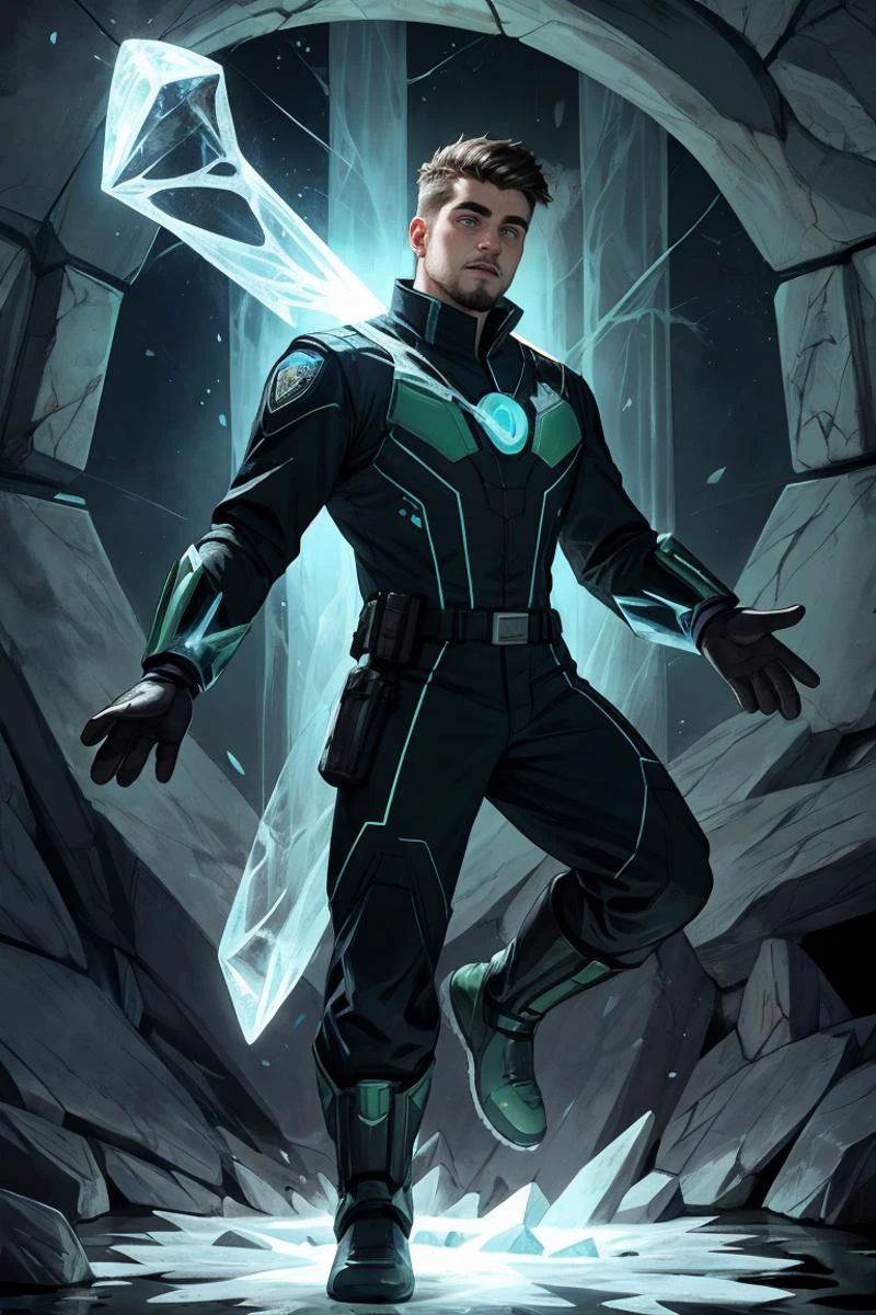 (Comic book, battle, panels), Redneck 25yo man, futuristic mage, futuristic fascistic uniform, floating hologram projection HUD, outstretched hand, magical combat, Summoning bewitchment shaped like Web of PaleMint hydro magma and ice magic, , skin detail, Balancing on a narrow precipice, honing balance and magical stability,
