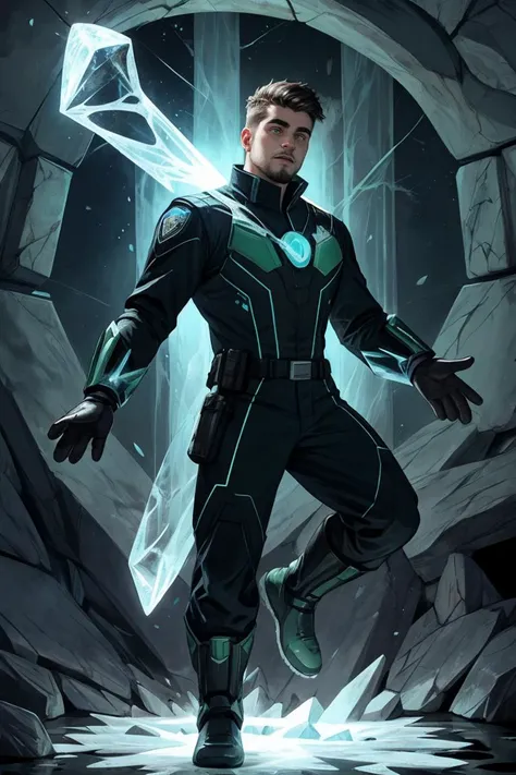 (Comic book, battle, panels), Redneck 25yo man, futuristic mage, futuristic fascistic uniform, floating hologram projection HUD, outstretched hand, magical combat,  Summoning bewitchment shaped like Web of PaleMint hydro magma and ice magic, , skin detail, Balancing on a narrow precipice, honing balance and magical stability,