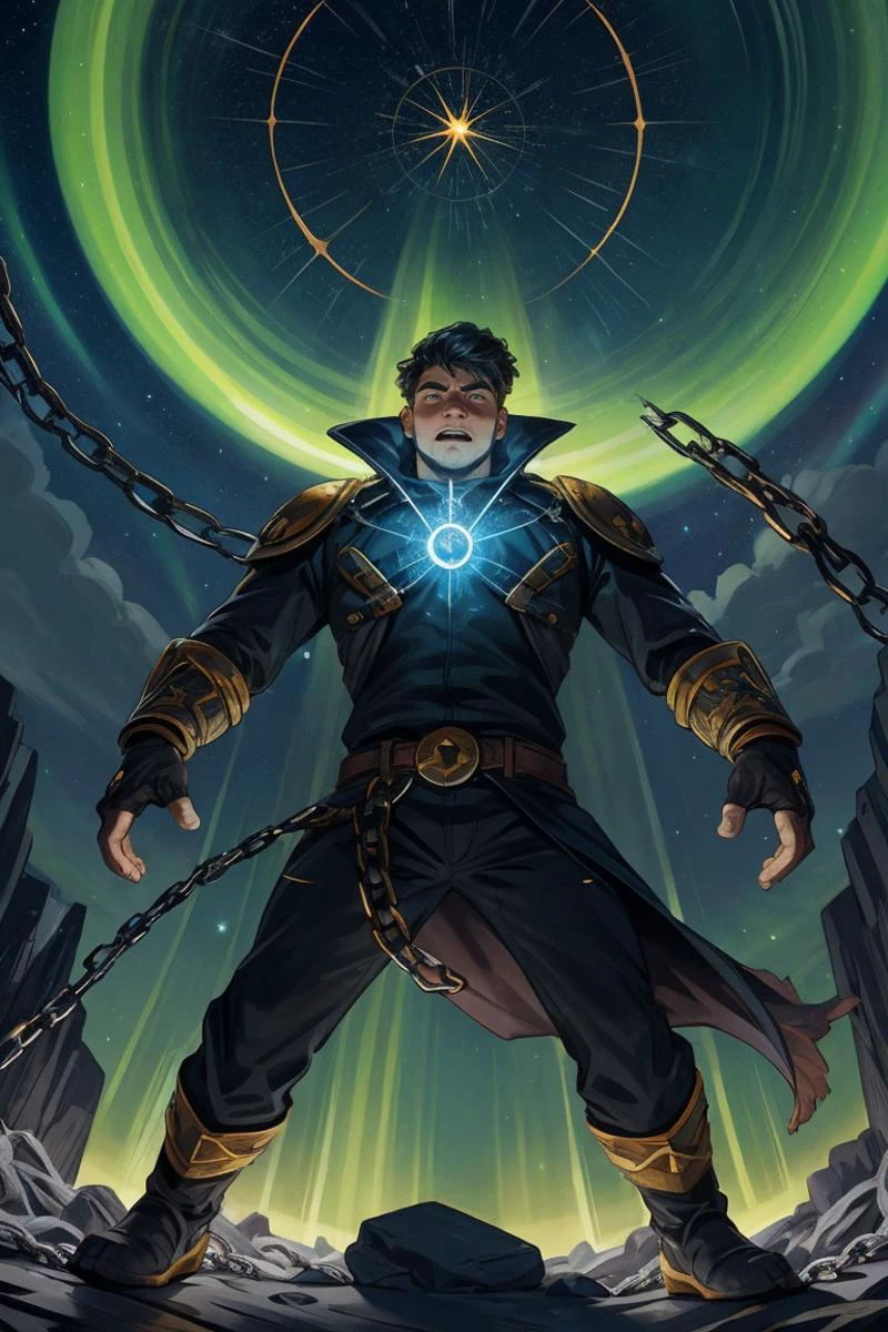 furious facial expression, 25yo male Futuristic mage surrounded by magical energy, escaping a massive monster, chains, dynamic angle, action, high energy, ((mesmerizing,bewitching,banded,spotted,time perception,julia set,sorcery,Supersolid,northern lights,star,celestial longitude magic:1.0)),