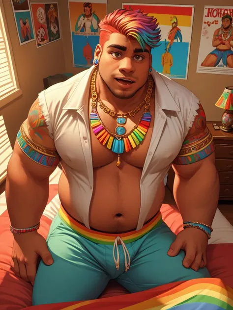 (((solo))), chubby, colored hair, clean shaved, clothed, from front,high angle jewelry, bedroom, happy rainbow colors, gay furniture, gay posters, multiple light sources, aztec decoration, detailed, intricate details, 80s, good anatomy, surprised, dynamic